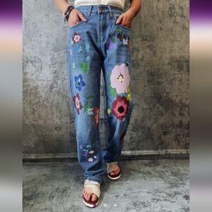 Misslook Blue Straight Leg Jeans with Painted Floral Design